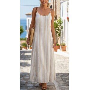Calypso St. Barth Size 12 Beige & White Striped Beaded Linen Blend Maxi Dress